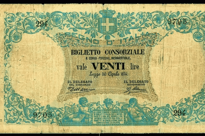 BIGLIETTO CONSORZIALE da 20 lire del 30 aprile 1874